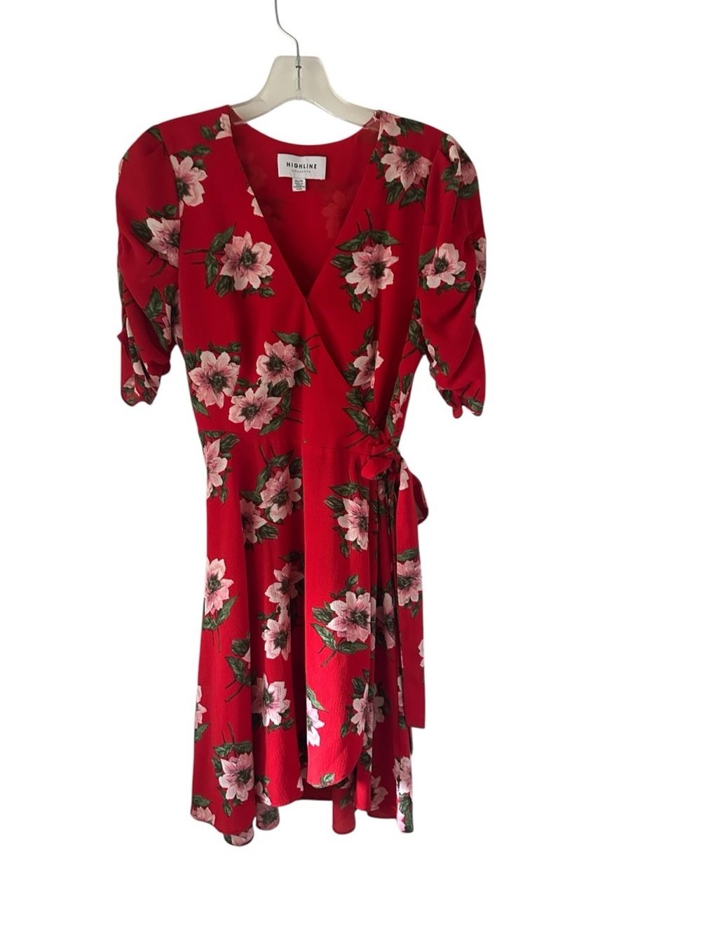 Highline Red Floral Wrap Midi Dress with Pink Blossoms